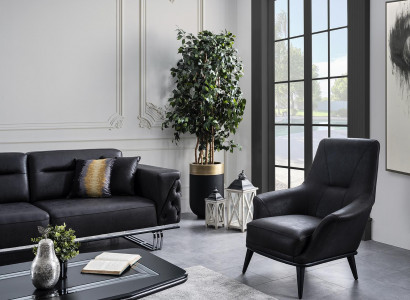 Luxus Sessel Ohrensessel Cocktailsessel Kunstleder Polyester Schwarz